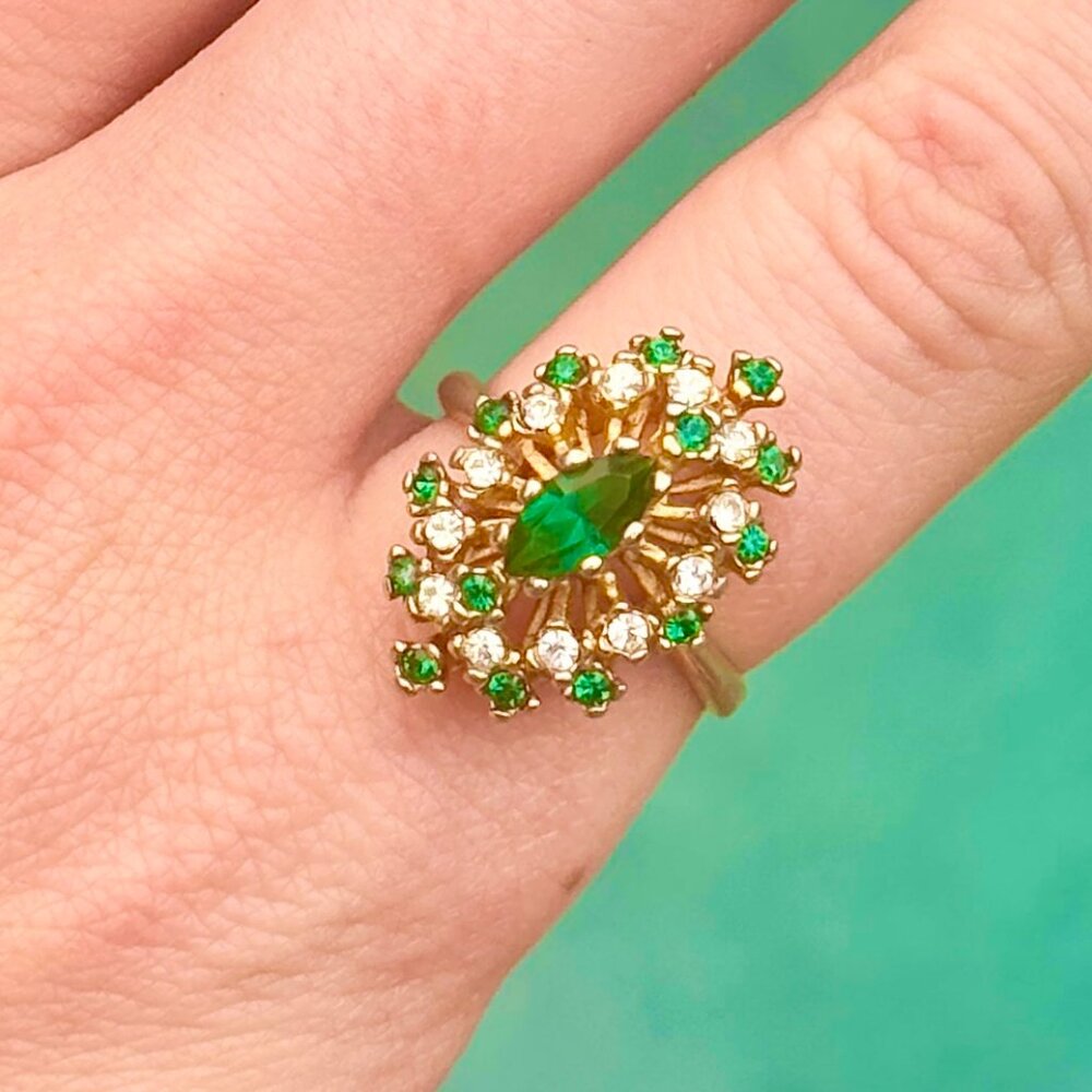 Vintage Gold-Tone Ring with Green and Clear Stones 6.5 US